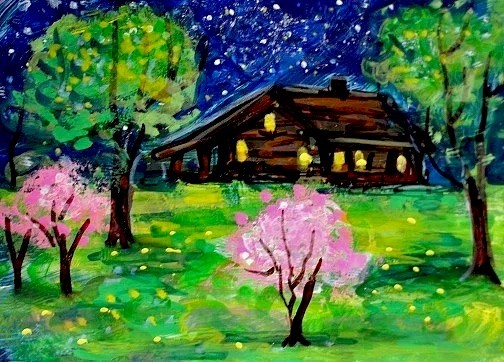 ACEO Original PAINTING Spring TREE Night Sky Star CABIN Nature Landscape ATC ART
