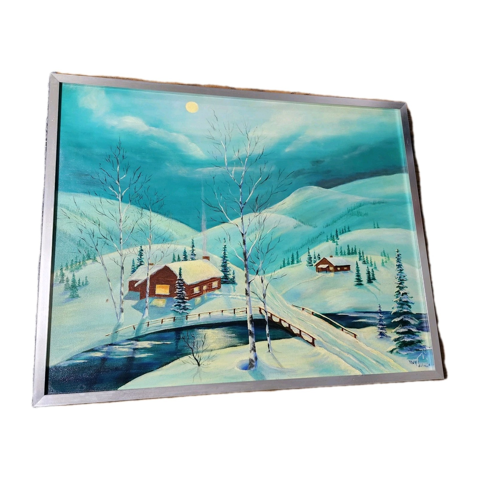 Folk Art Vintage Painting Winter Cabin Snow Framed Signed 28×22 Mountains