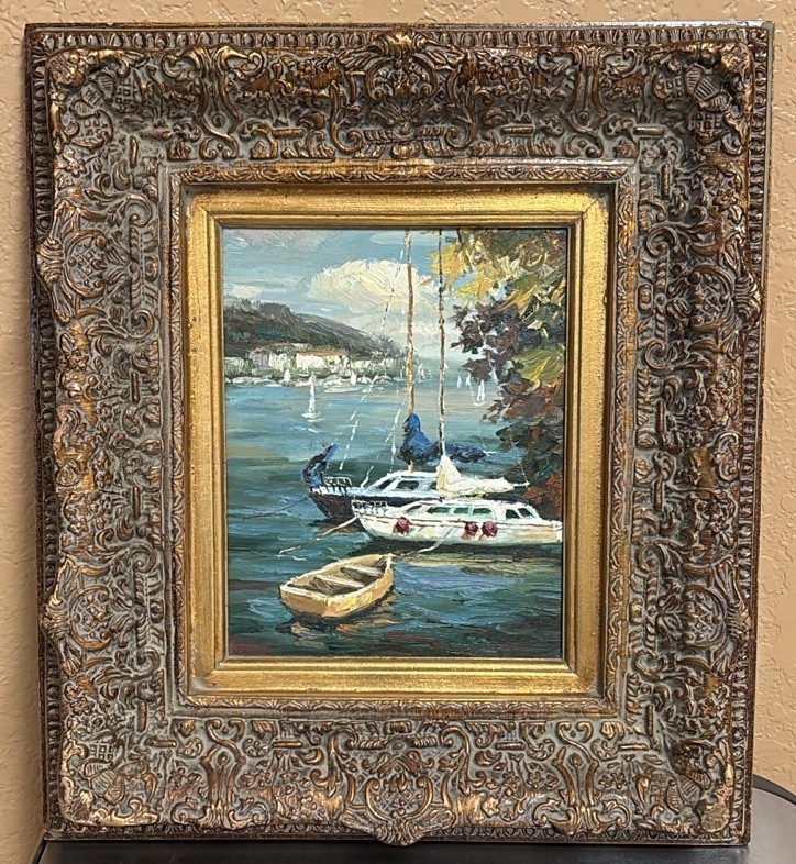 Impressionist Style Canvas Oil Painting Boats In Harbor Scene Ornate Frame