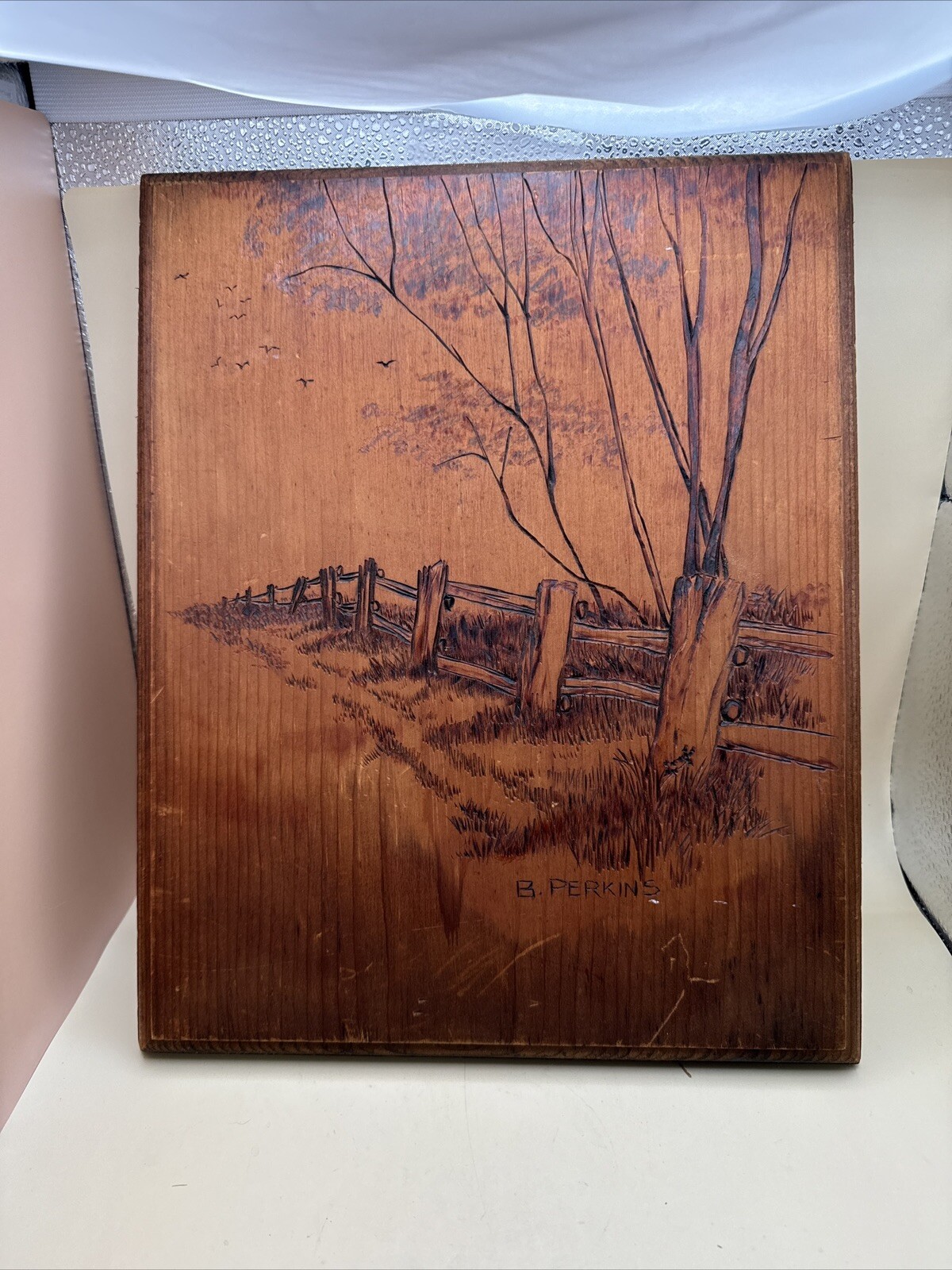 Wood Burning Art Natural fence post scene signed by artist B.Perkins