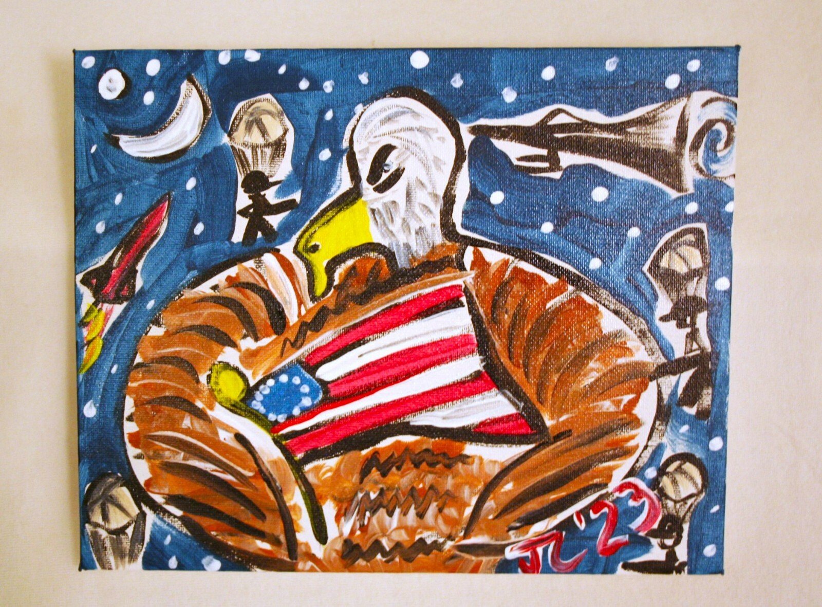 EAGLE HUGS AMERICA Jr CHARLIE FAST OUTSIDER POLITICAL FOLK POP ART PARACHUTE JET