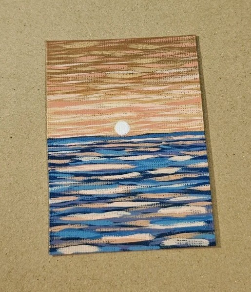 ACEO Orange Sunset w/ Ocean Waves Original Painting Acrylic on Paper Signed