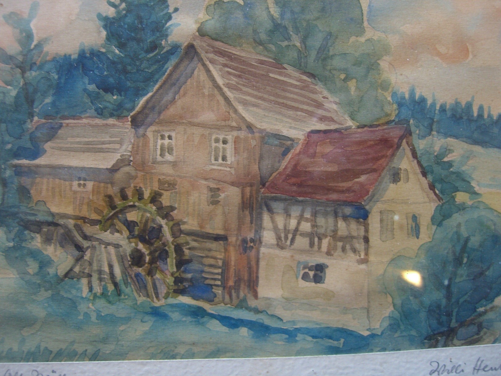 Willi Heinze Watermill Forest Hut Wheel Fields Clouds Sun Antique Signed