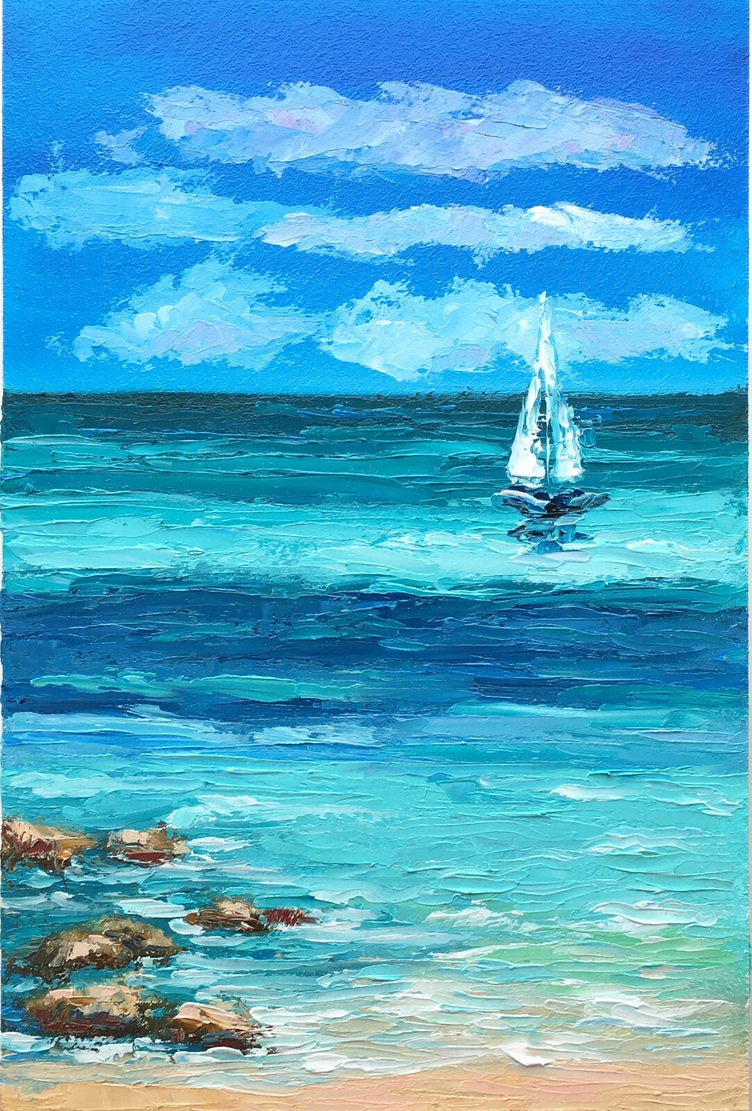 Original oil painting Seascape Sailboat Hand painted Miami Beach artwork Boat