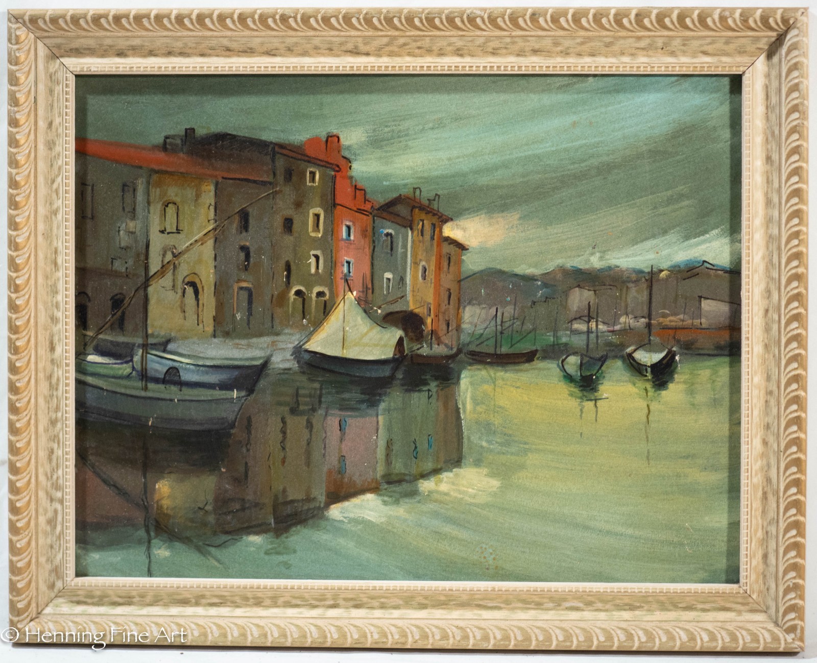Vintage Oil Painting Little Venice City of Chioggia, Italy, Colorful Canal Boats