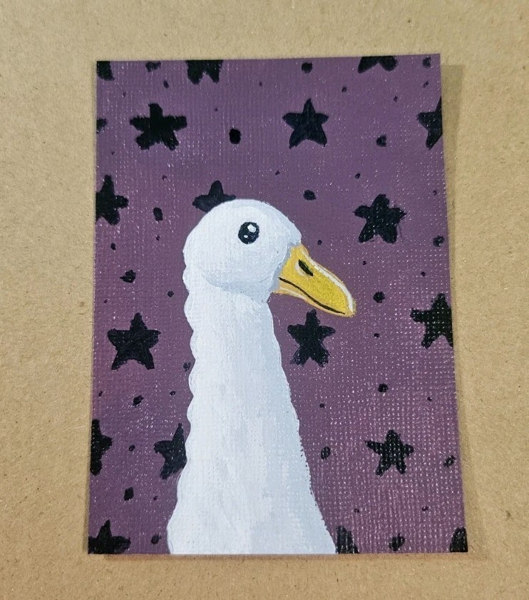 ACEO Duck Original Painting Illustrated Goth Goose Art Acrylic on Paper Signed
