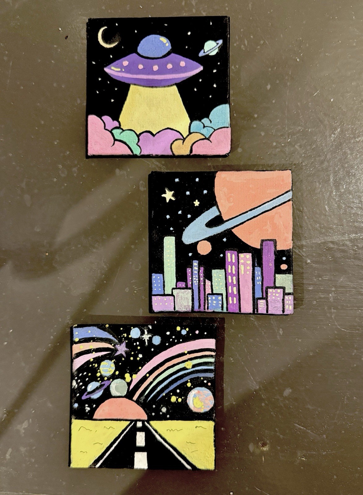 Original Acrylic On Mini Canvas 3 Painting Set Outer Space Aliens