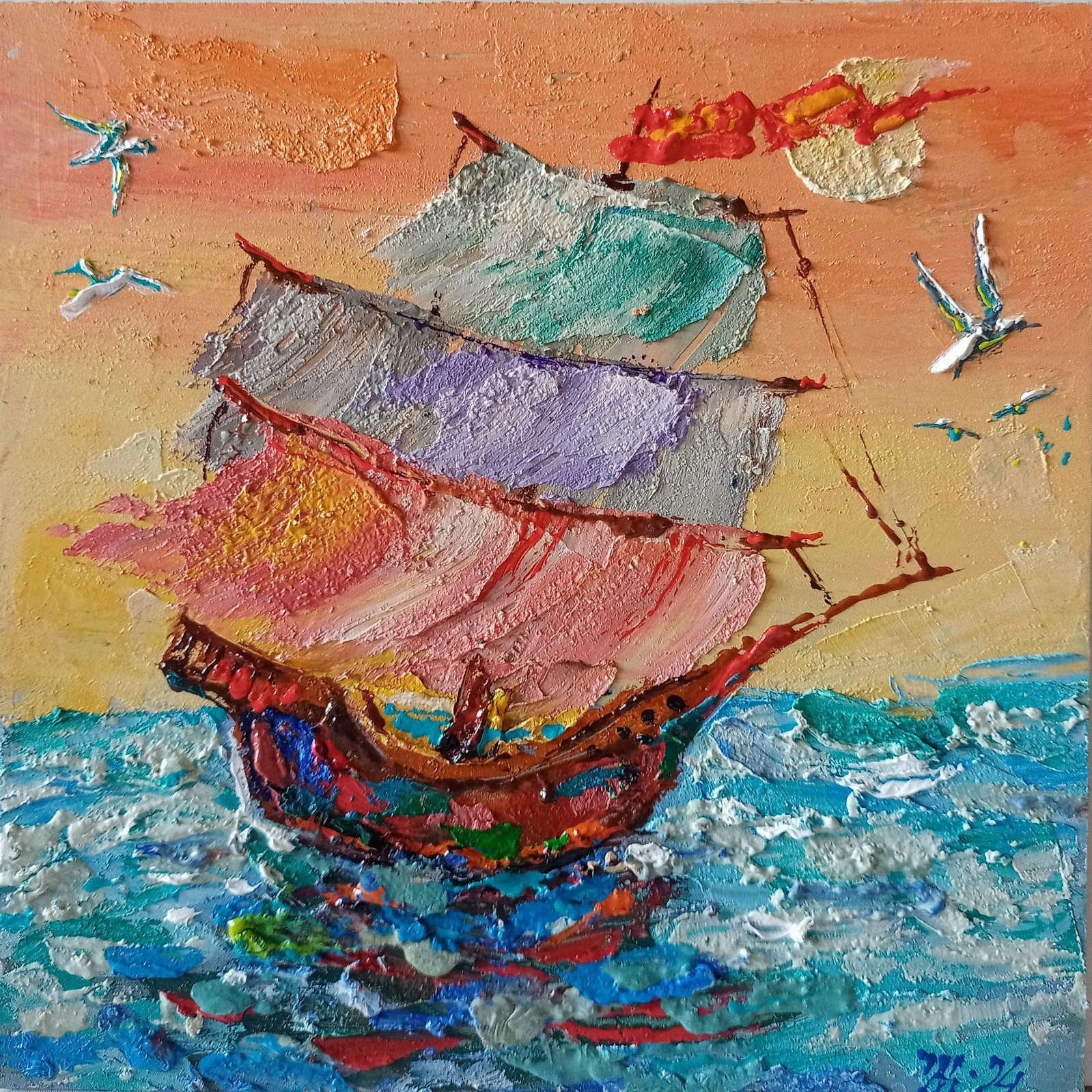 Sailboat Impasto Painting Original Art Impression Oil Painting 7.8 x 7.8 in