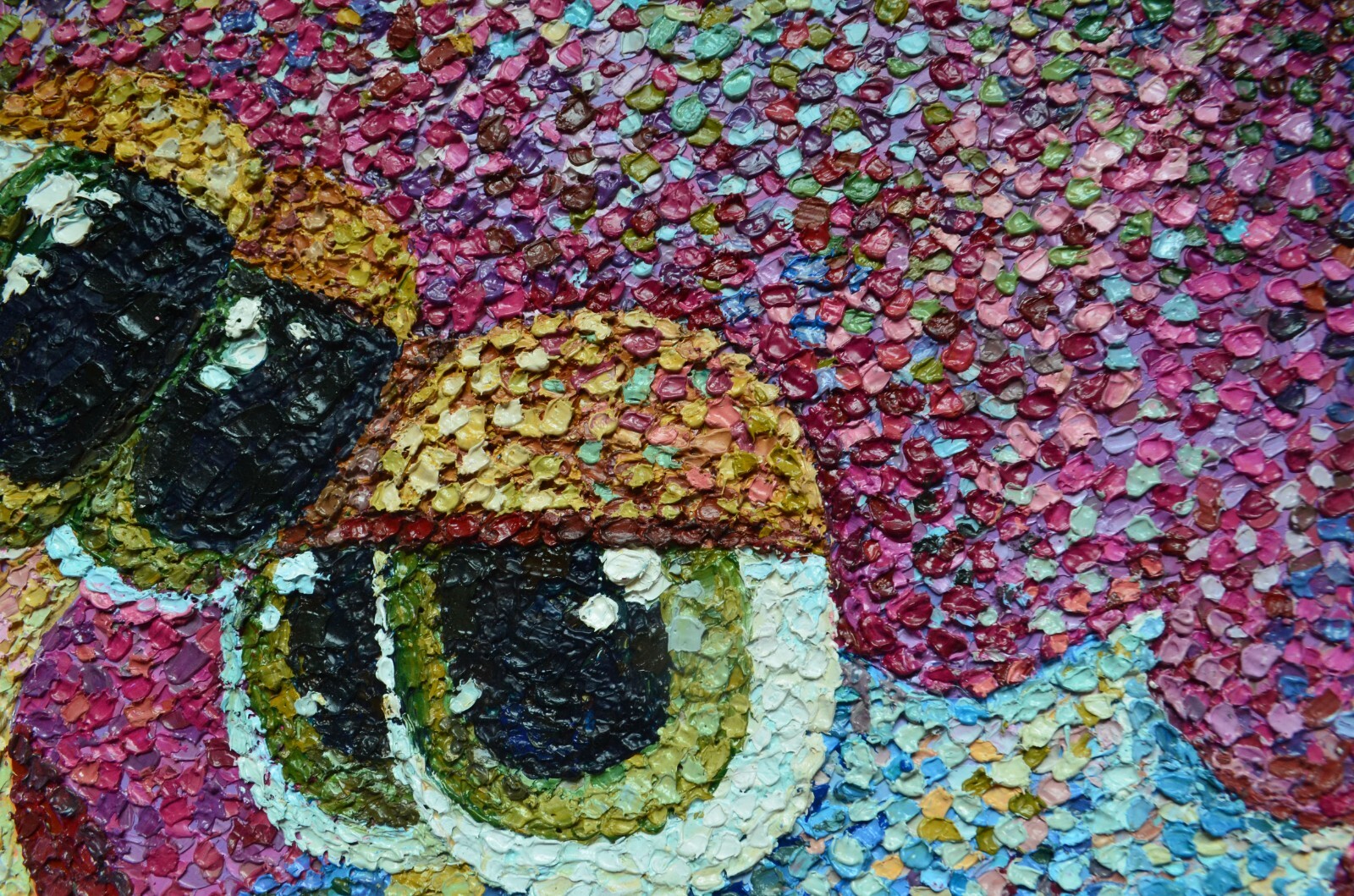 A unique oil painting «Two snails in love». Format 40*50 centimeters.Pointillism