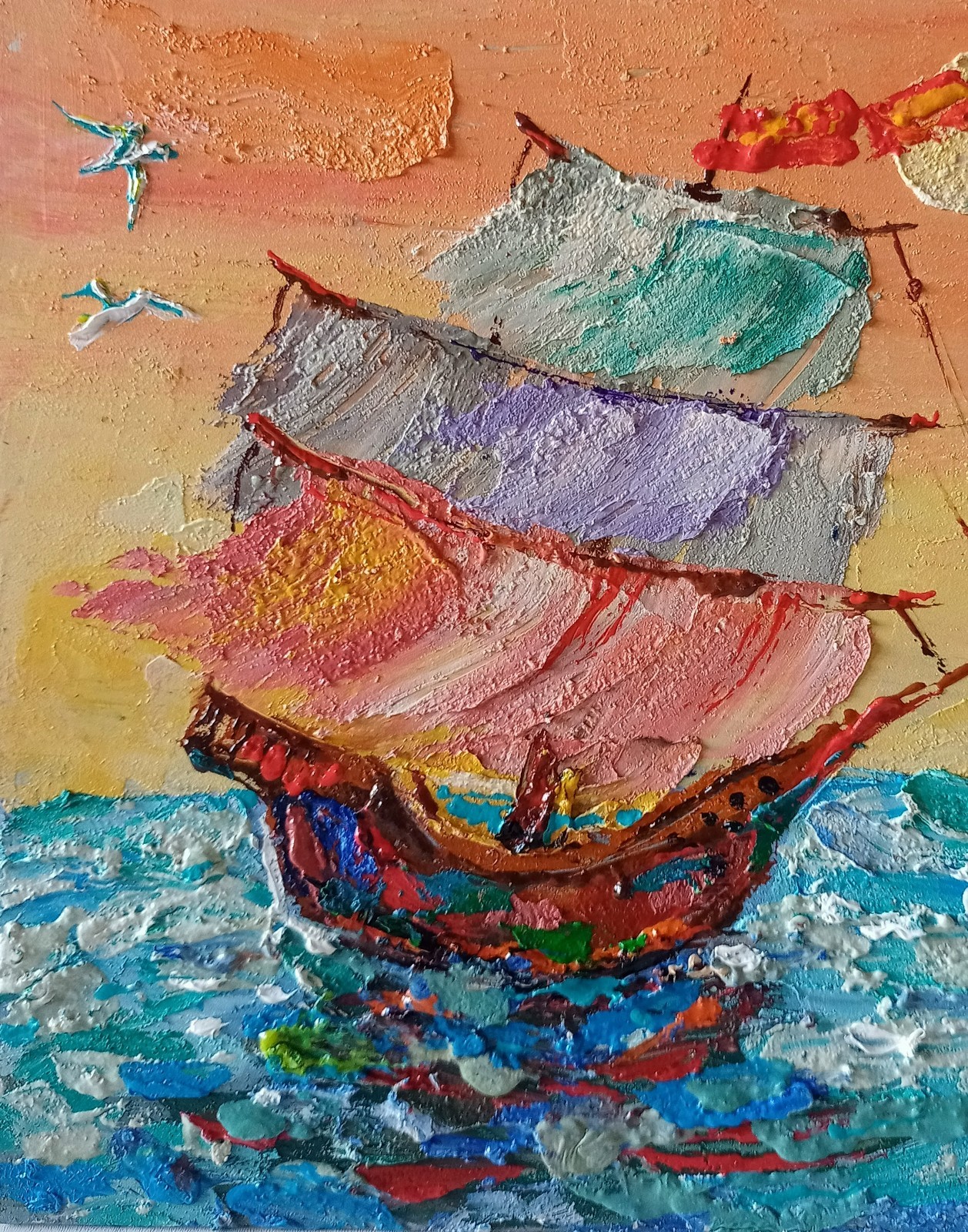 Sailboat Impasto Painting Original Art Impression Oil Painting 7.8 x 7.8 in