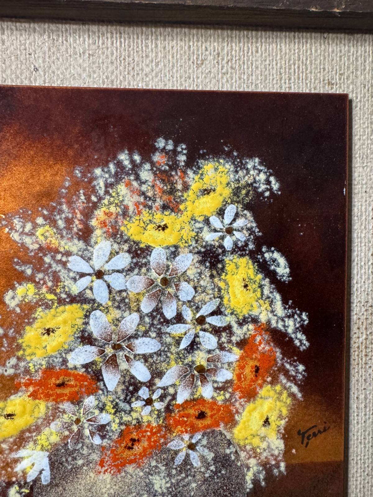 Terri Oullette «A Floral Scene» Enamel On Copper Painting – Signed And Framed