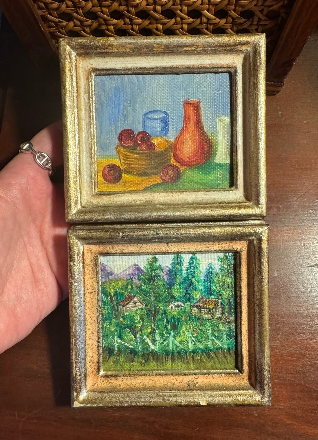 Vintage Miniatures Mini Set of 2 Oil Paintings By Grandma Johnson c. 1970’s – 4”