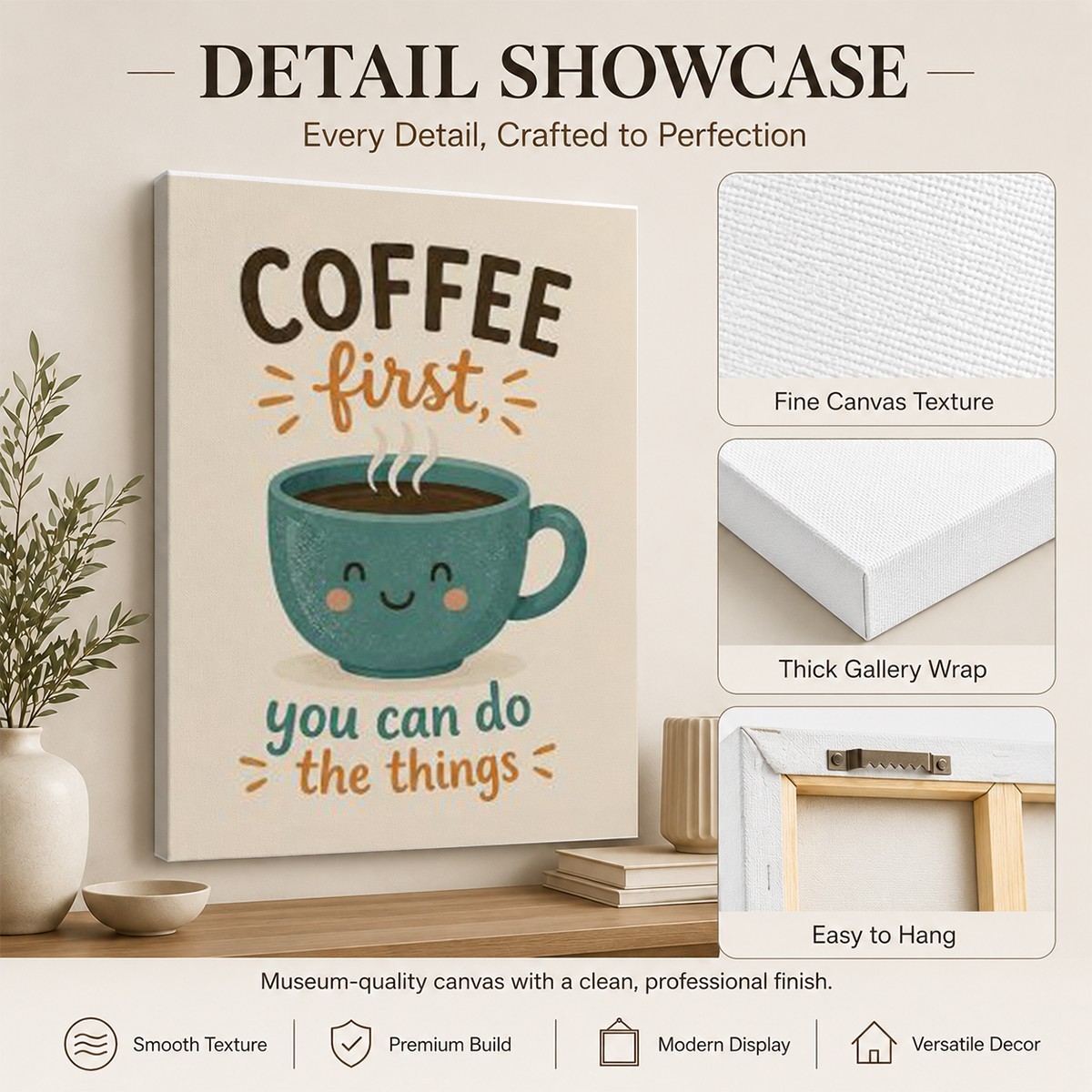 Coffee First Canvas Wall Art Cute Coffee Cup Kitchen Decor Motivational Quote