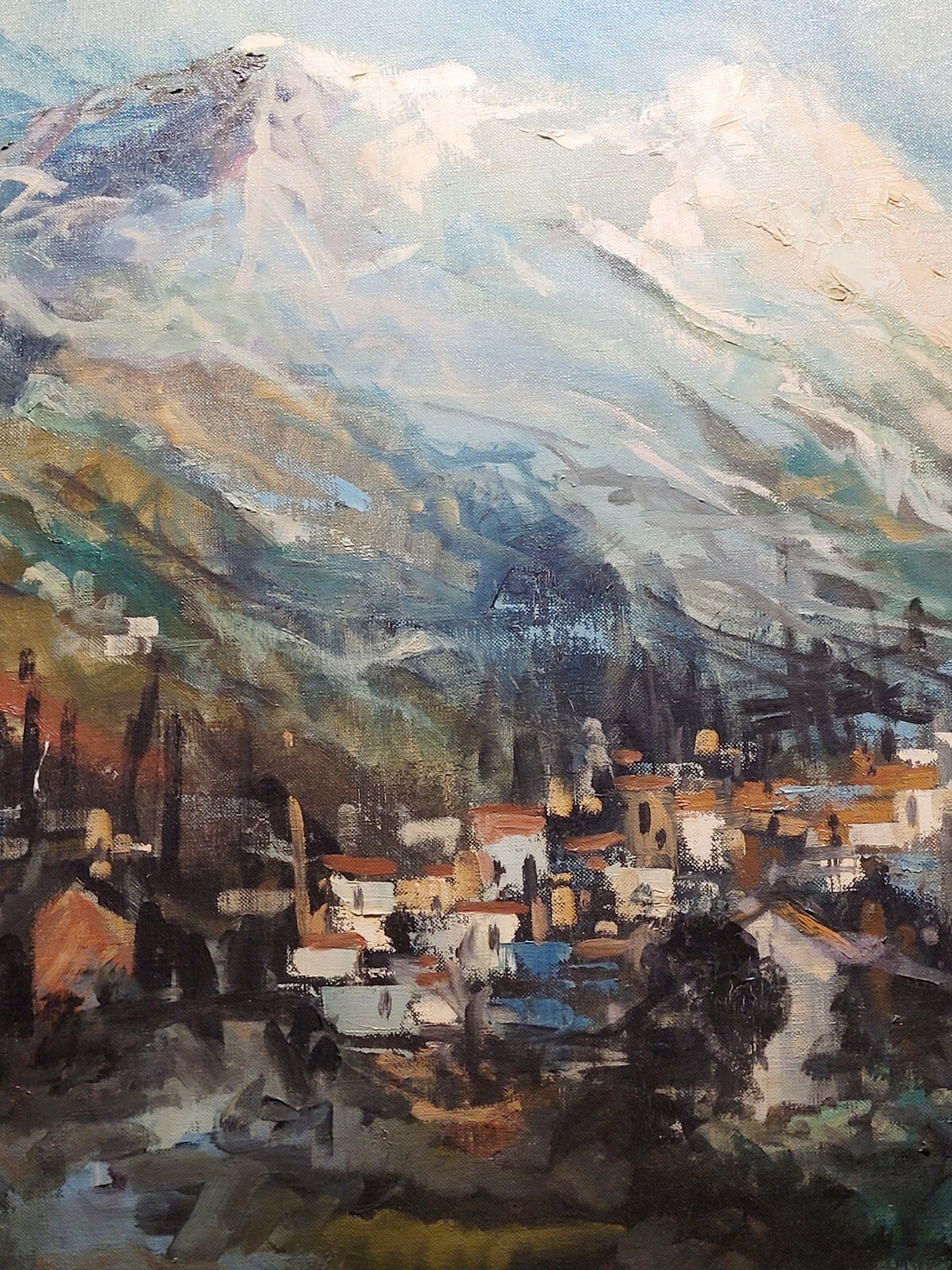 Vintage Large MCM Abstract Framed Mountain Village Painting Signed Landscape Art