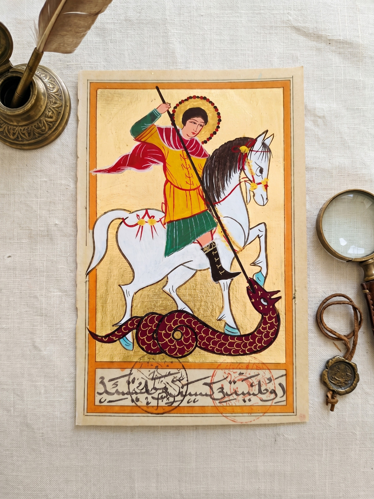 Hand-Painted Miniature Art: Saint George and the Dragon on Antique Ottoman Paper
