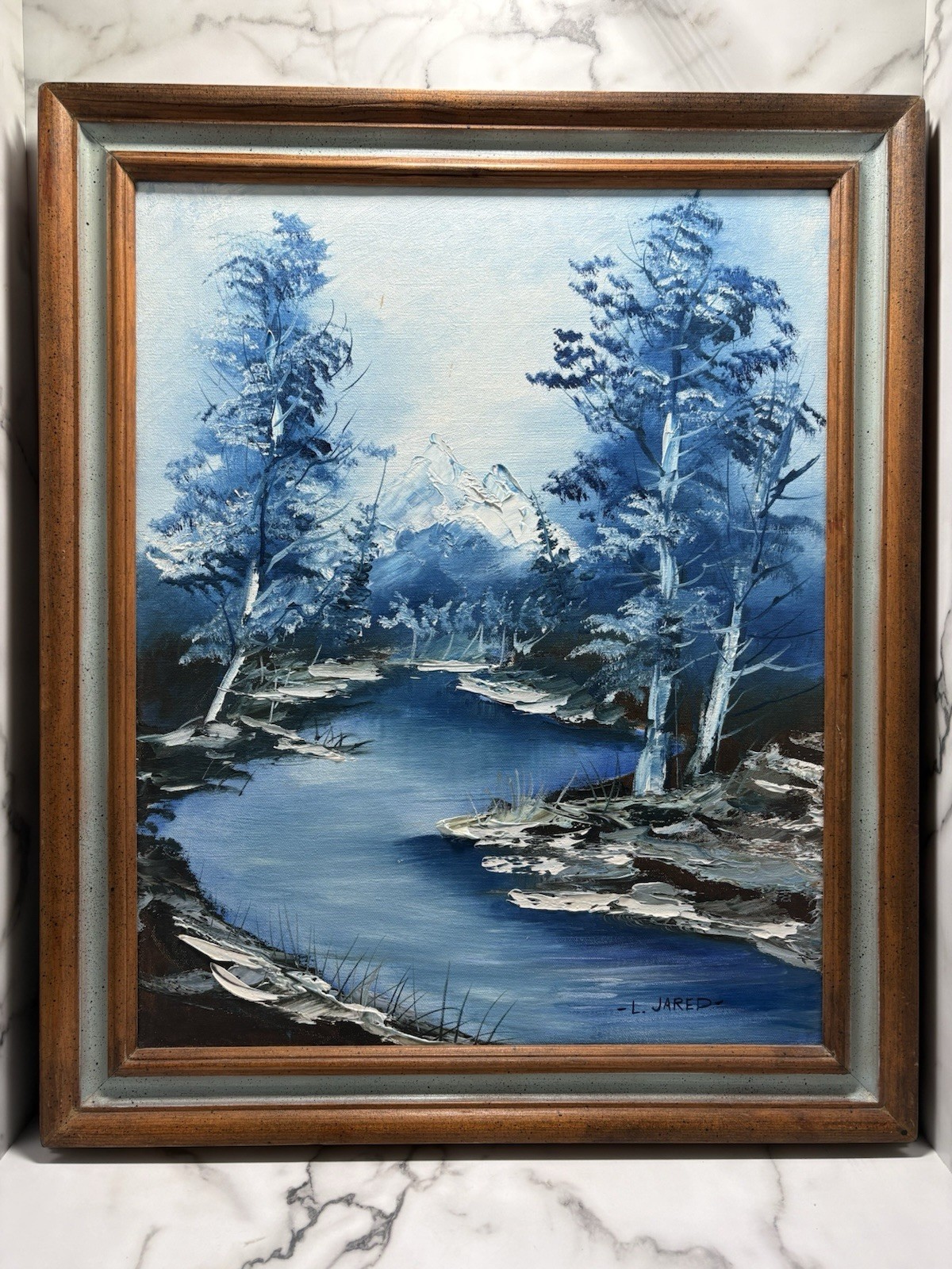 Framed Oil Painting Mountain Landscape River Nature Signed By L. Jared