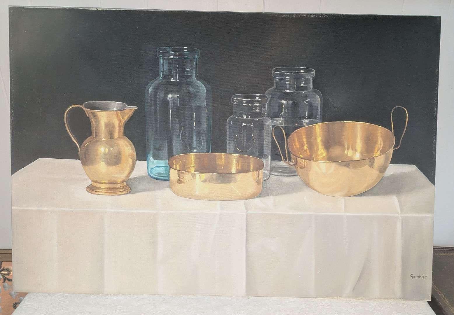 Gorgeous Andras Gombar Original Oil On Canvas French Country Brass & Glass 36×24