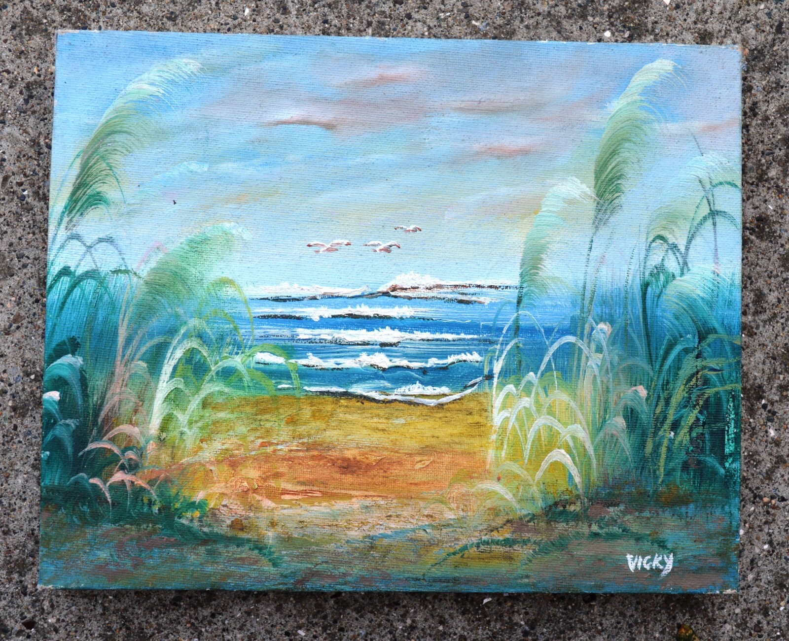 SEA GULL SEA WAVE SAND BEACH OCEAN VIEW HAND PAINTED 10″ OIL PAINTING GIFT S164