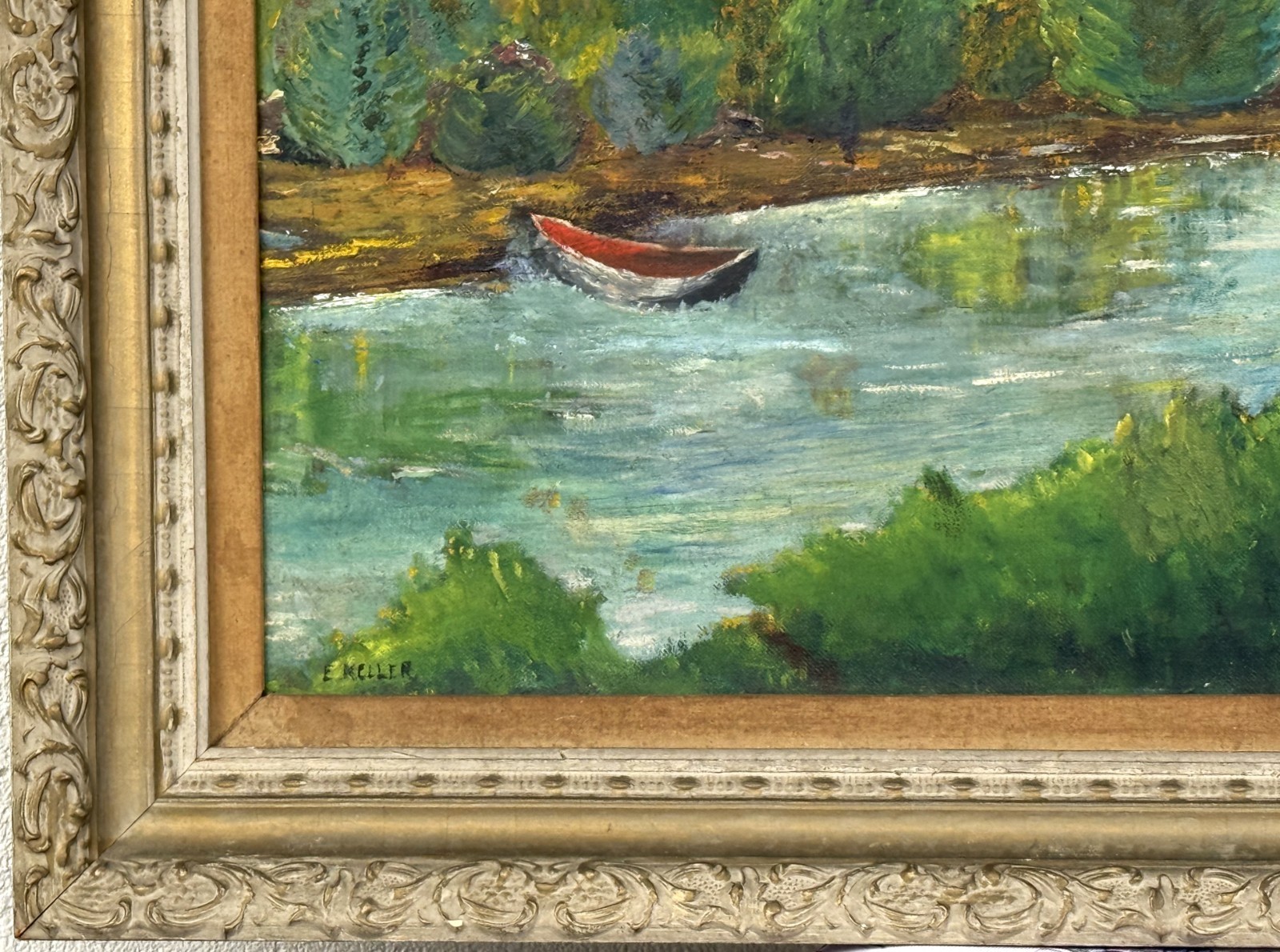 VTG Early 20th C Origin. Impressionistic O/B «River Landscape» Signed E. Keller!