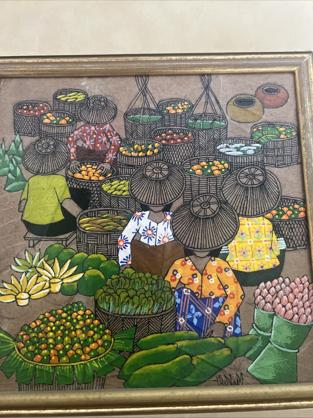 Asian Thai Expressionist Leaf painting-Artist Thanom-Vintage-Mid Century Modern
