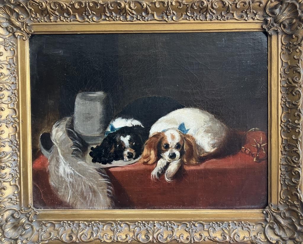 ANTIQUE OIL PAINTING King Charles Spaniel Dogs Aft. SIR EDWIN LANDSEER 1802-1873