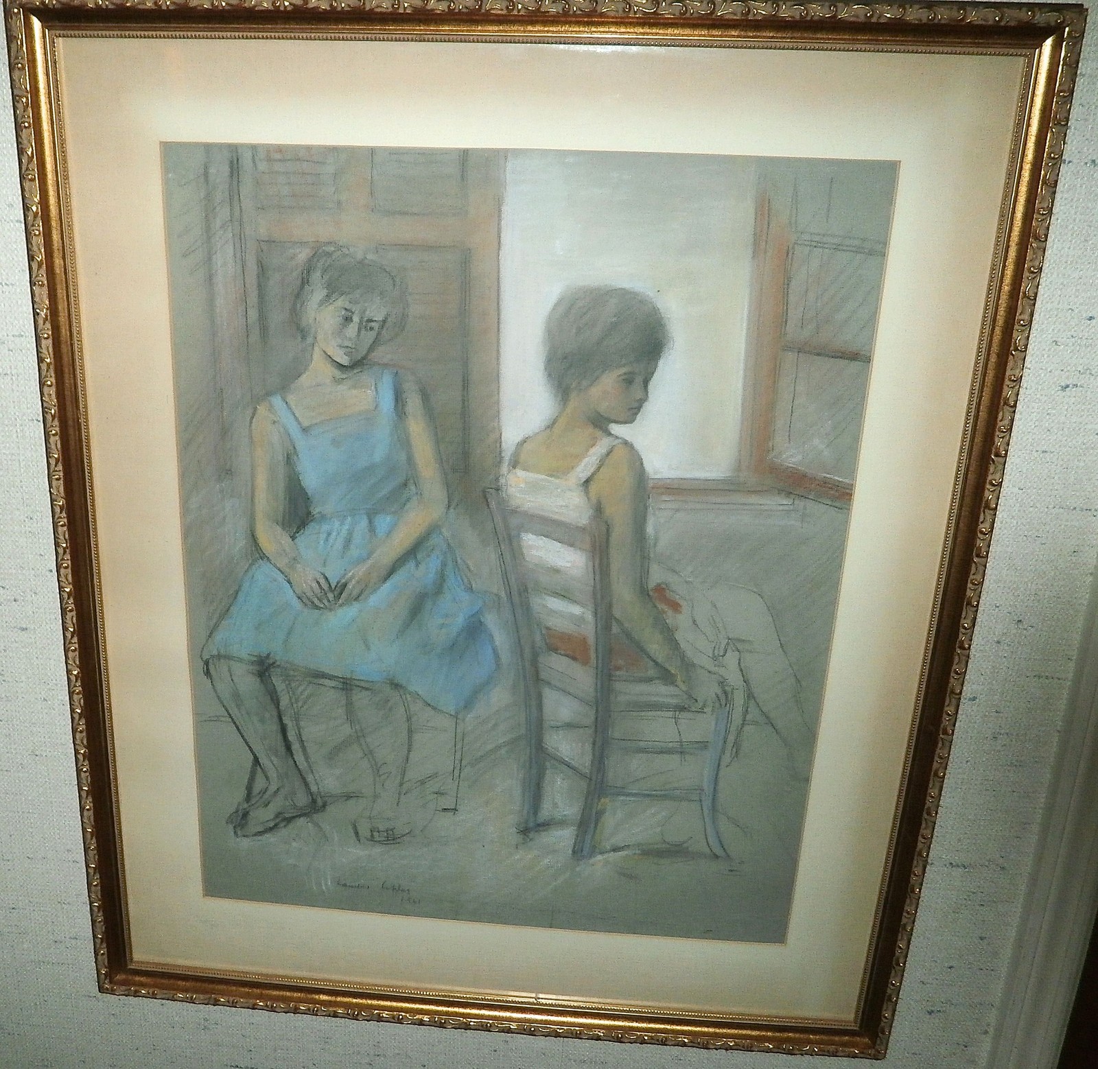 Two Girls Seated Next to Window- Pastel Painting-1961-Lambro Ahlas