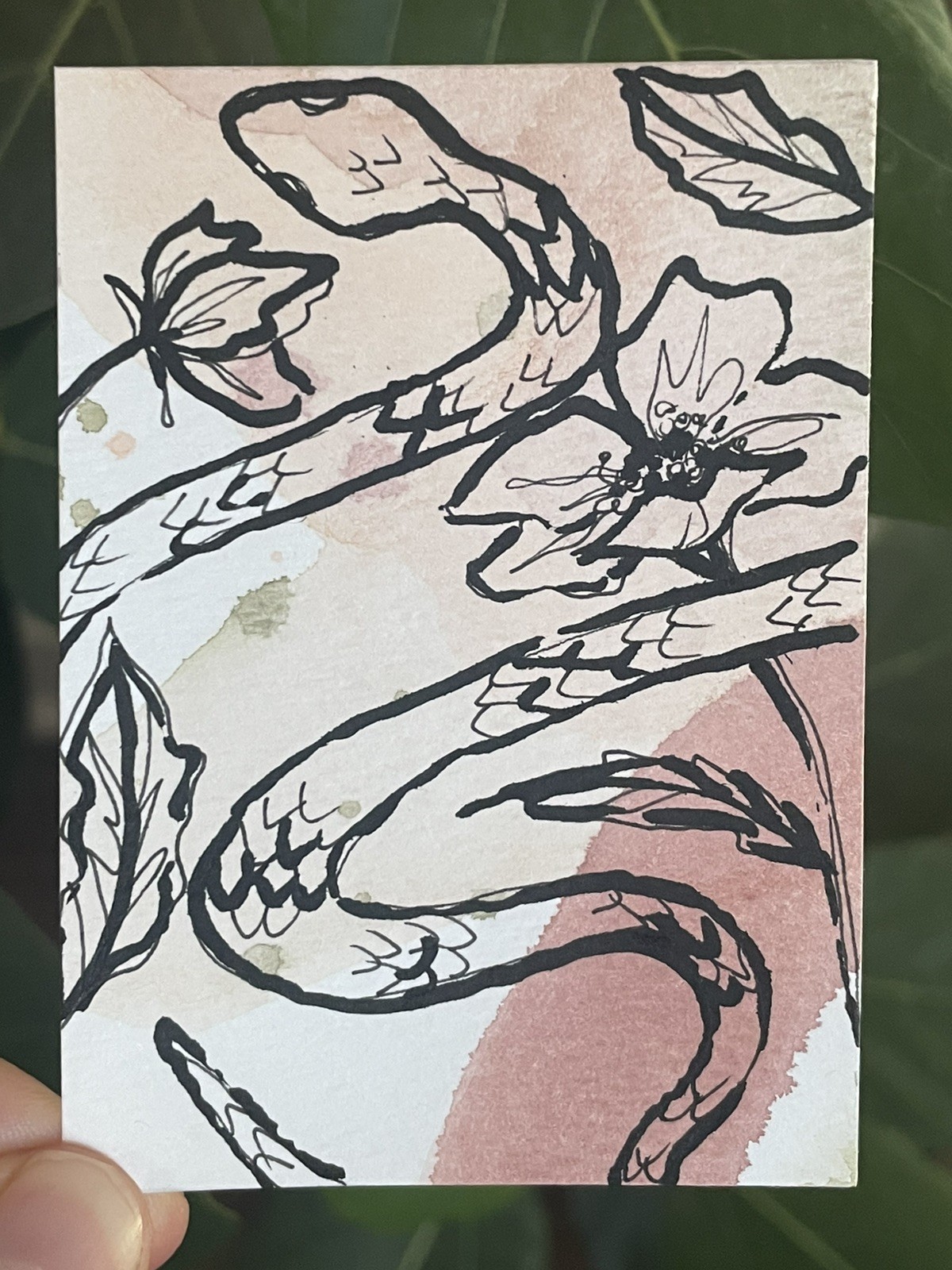 Floral Snake Original ACEO Watercolor Painting Nature Flowers Botanical Garden