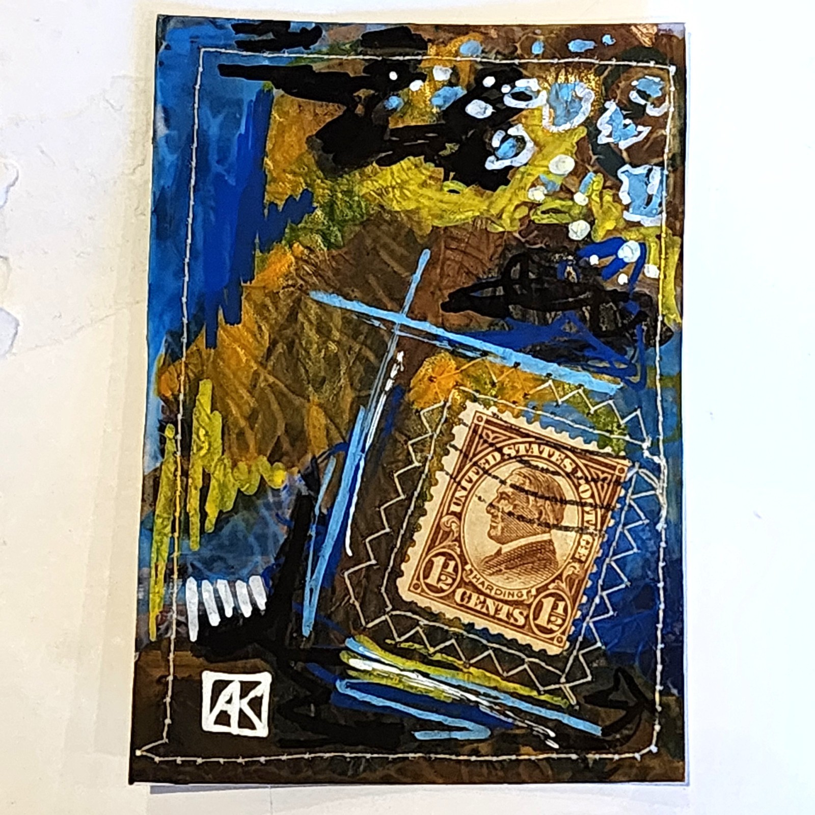 ACEO Original Mixed Media Harding Postage Stamp Blue Abstract Painting AMBER K