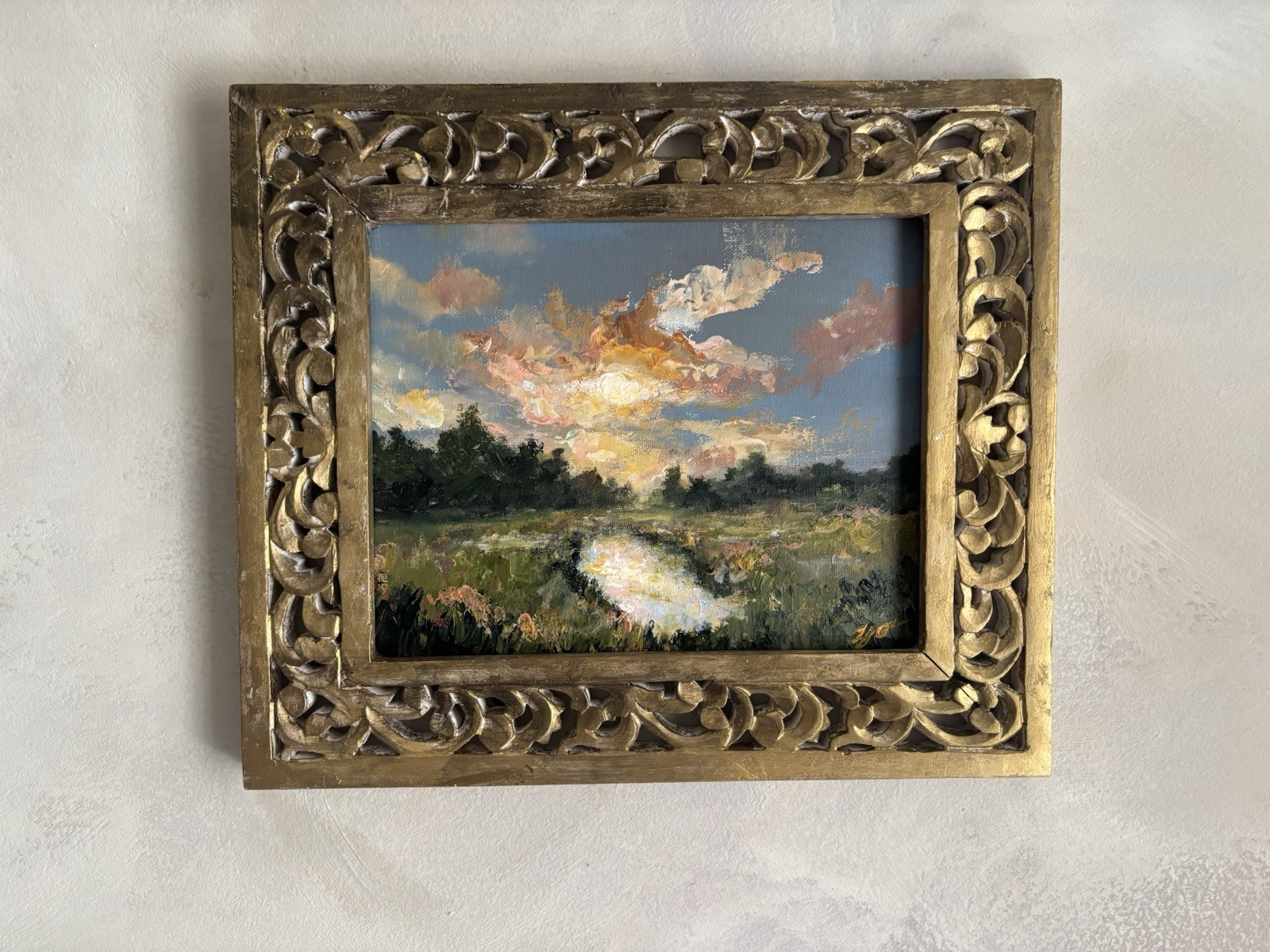 ORIGINAL Hand Painted Moody Landscape Painting, Signed In Gold Wood Framed 12×14