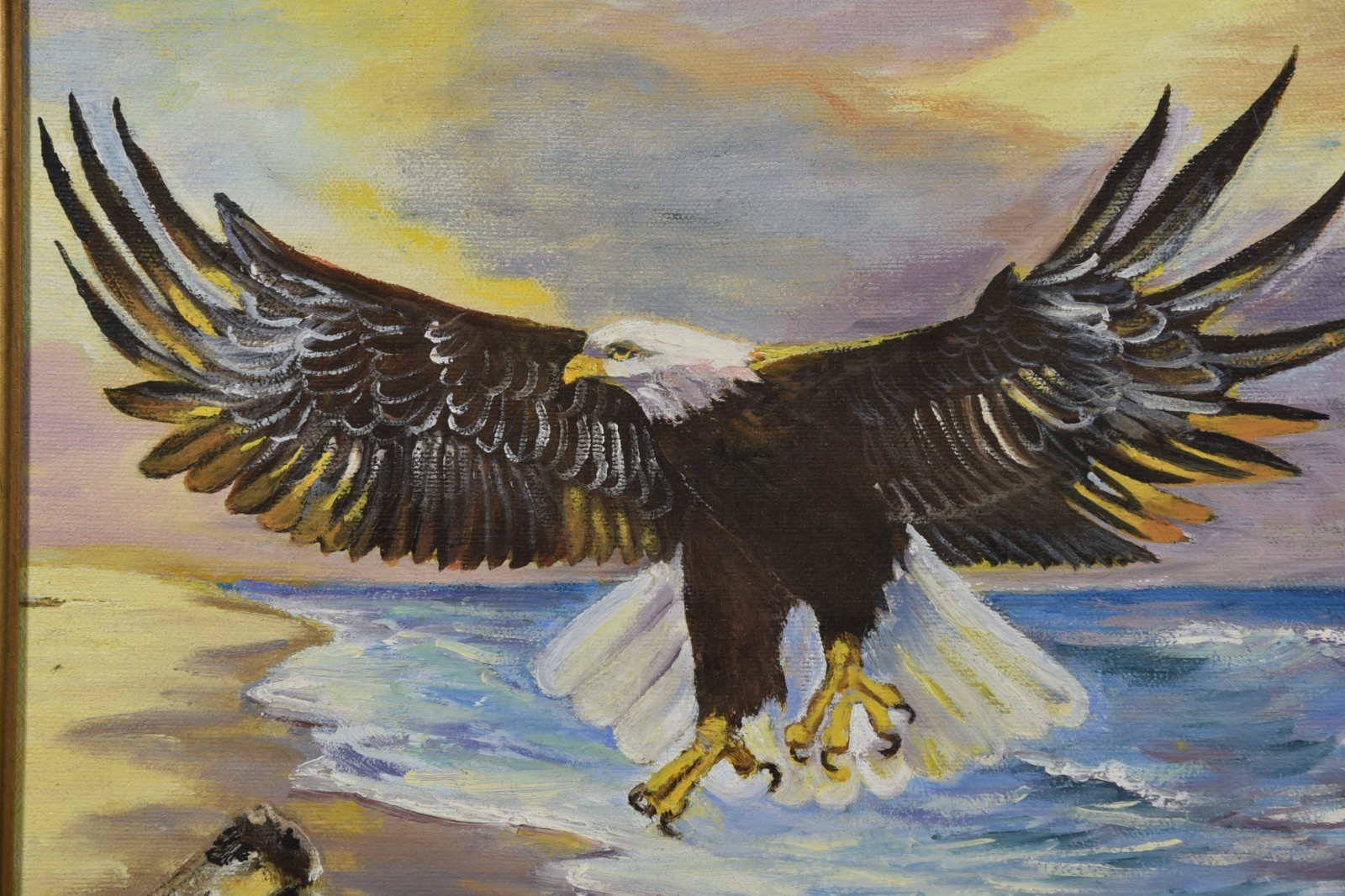 Vintage Bald Eagle Flying by Ocean Beach House Seascape Bird Original Art Framed