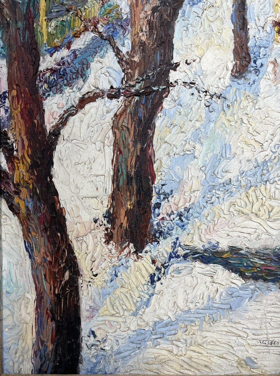 ORIGINAL TEXTURED AMERICAN TOWN ANTIQUE WINTER SNOW VINTAGE LANDSCAPE PAINTING