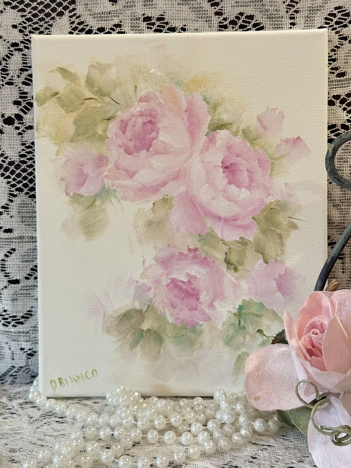 Hand Painted Vintage Shabby Inspired Pink Roses Oil 8×10 Canvas Signed
