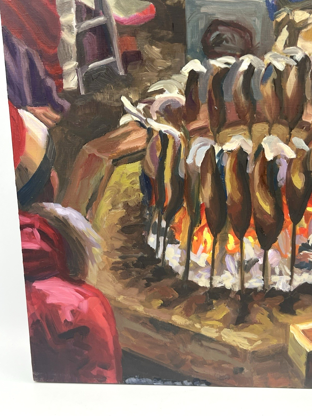 Orig Expressionist Fish Market Oil Painting 12×18 Wood Panel Art Asian Street
