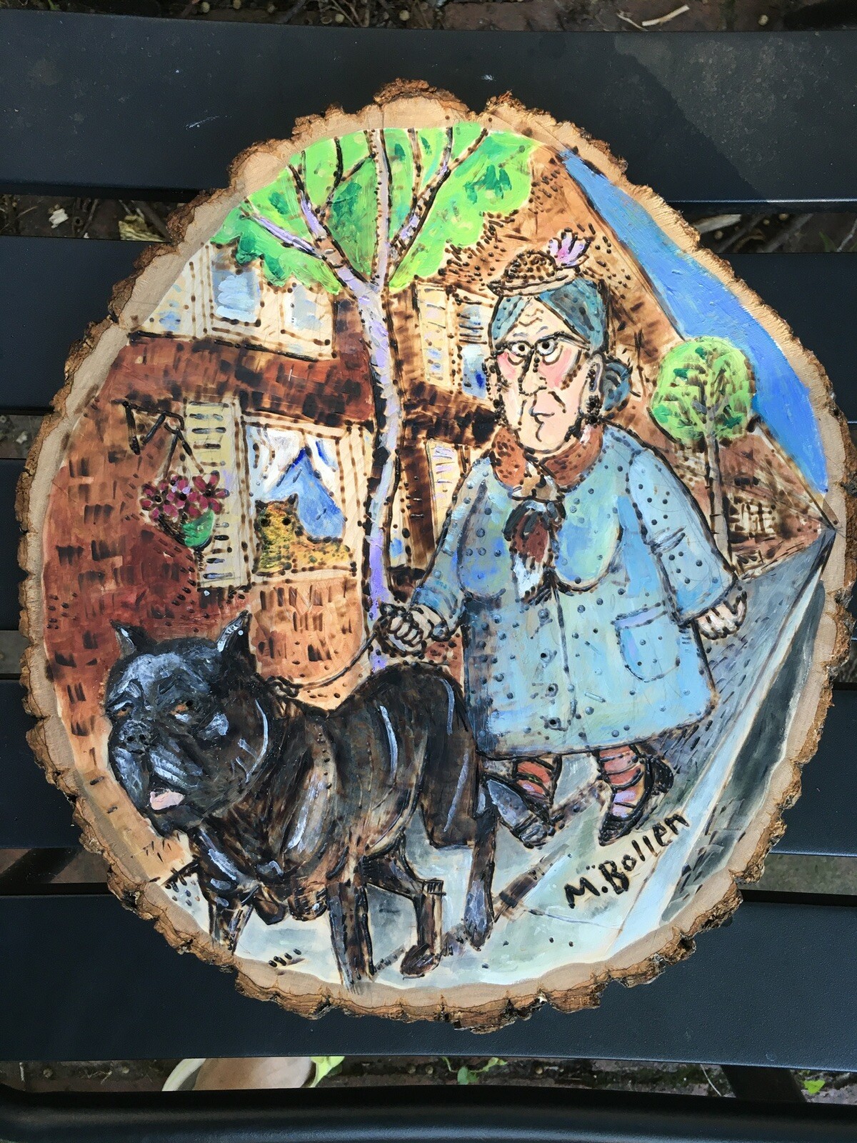 MBollen wood burning Grandma With Cane Corsica Large Wood Plaque Original Art