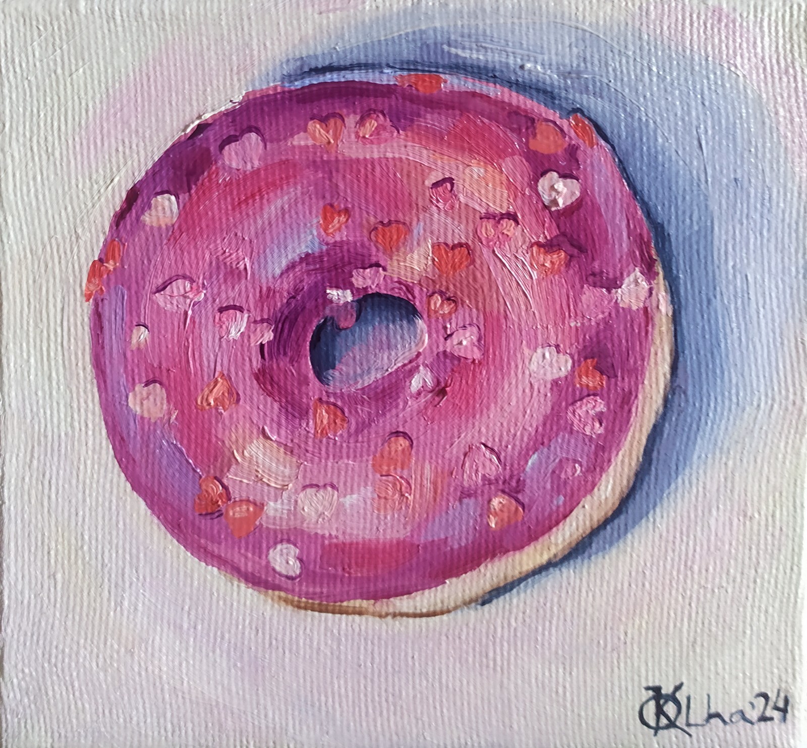 oil painting on canvas hand painted art with a purple donut with colored hearts