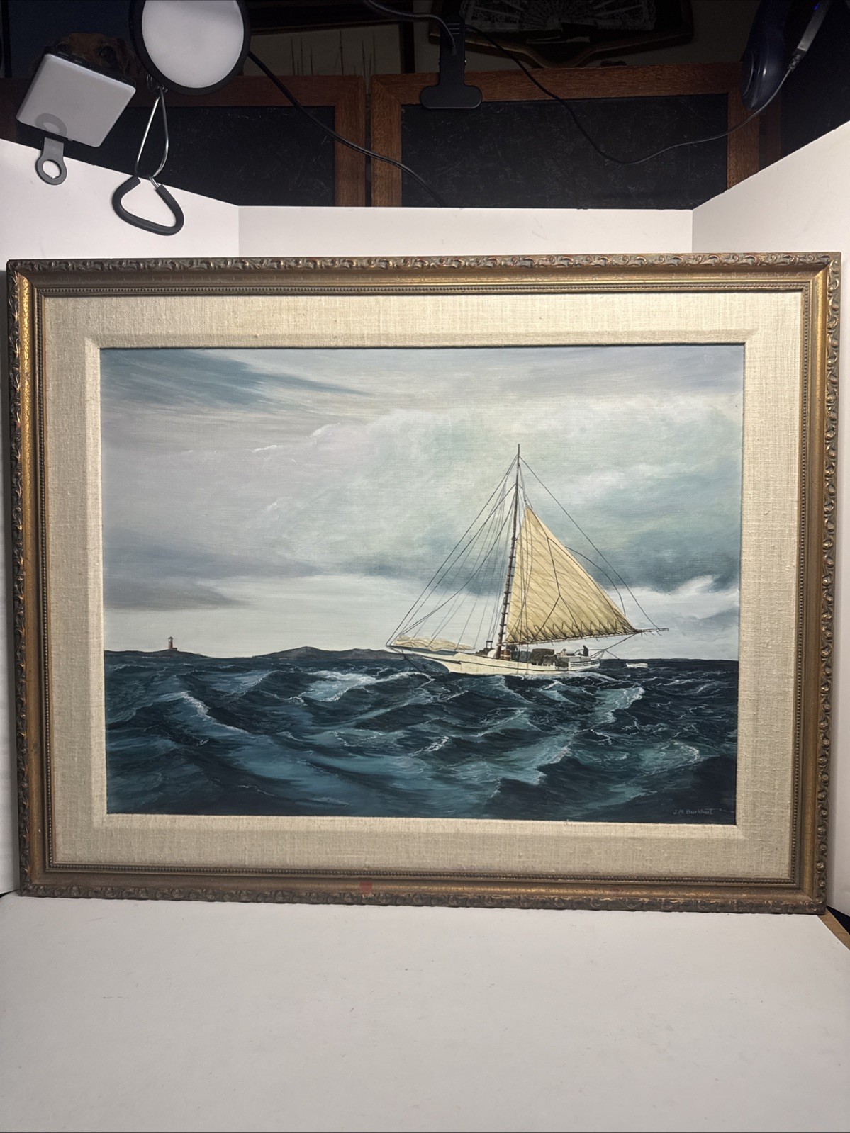 Vtg J.M. Burkhart Nautical Oil Painting Framed Sailboat Seascape Lighthouse