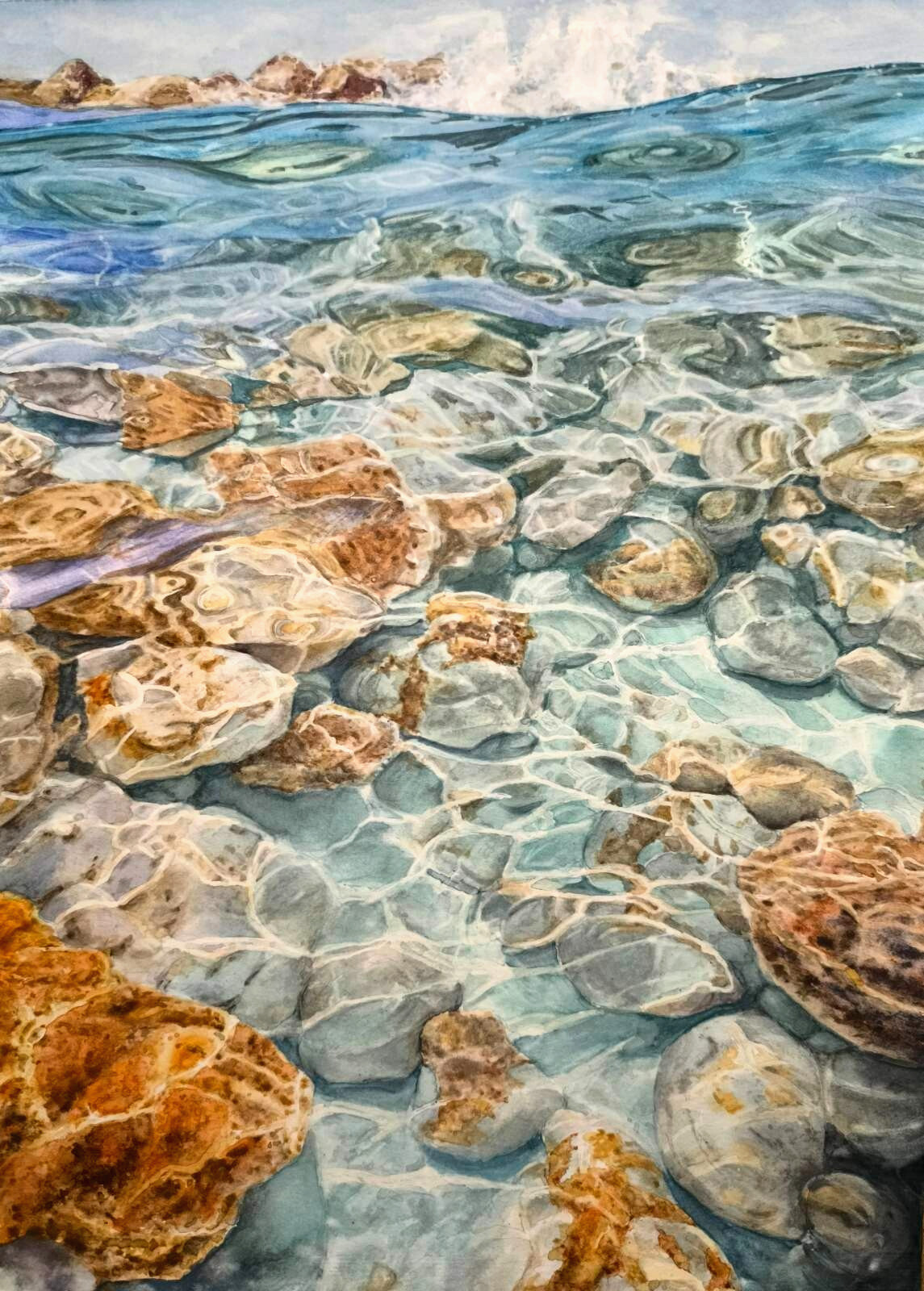 GYPERREALISM Original Art Painting Landscape SEA STONE WAVE SUN Seascape Gift A3