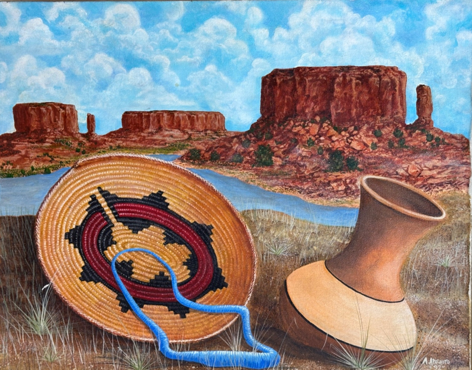 A APACHITO NATIVE AMERICAN VINTAGE ORIGINAL PAINTING ON CANVAS SIGNED 16″ X 20″
