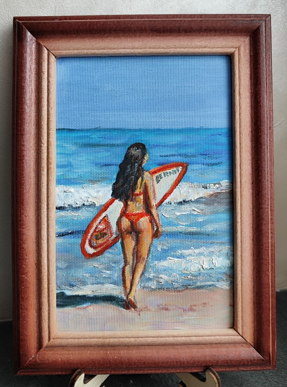 Original Surfer Girl Oil Painting On Canvas Framed Beach Ocean Sea Wall Art 5×7″
