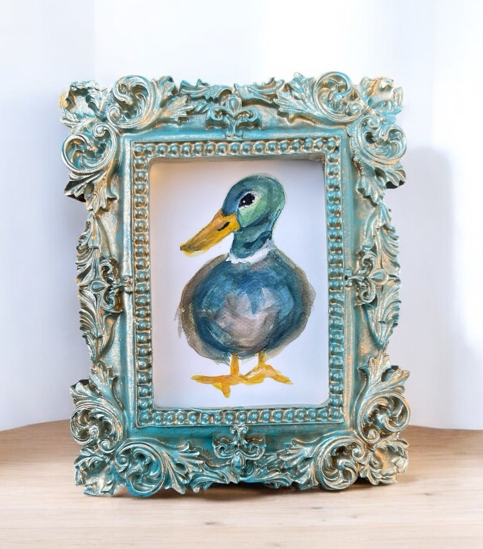 Mallard Duck miniature art watercolor print in vintage style ornate frame