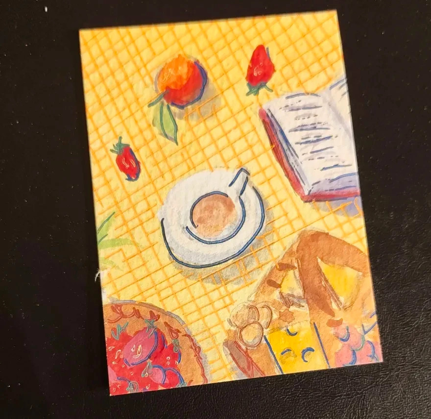 ACEO: Original Gouache Painting (6.4 x 8.9 cm): Yellow Picnic 1/4 by Lenahui