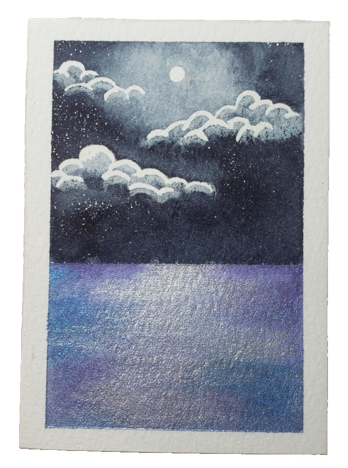 aceo art card ooak shimmering night sky ocean sea watercolor signed 2.5×3.5