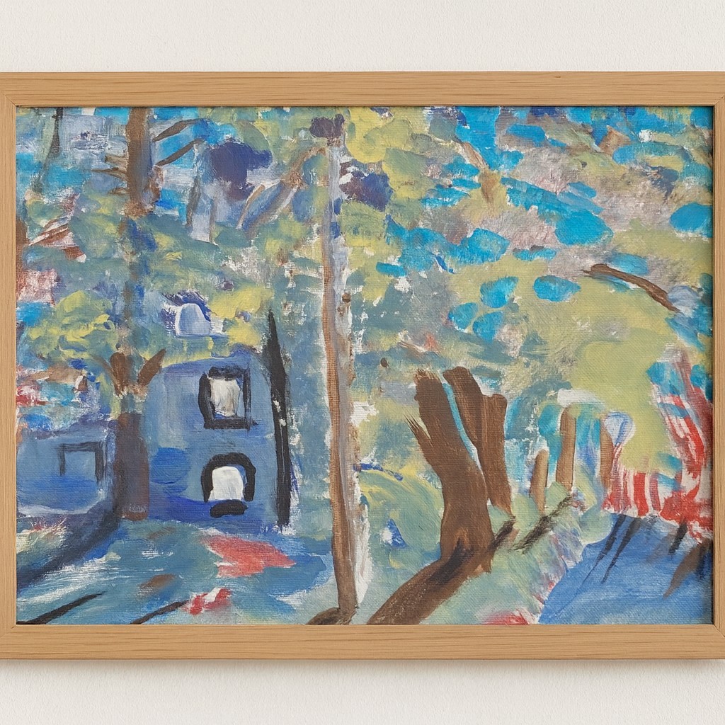 Whimsical Forest Cottage Landscape Original Acrylic Painting Colorful.