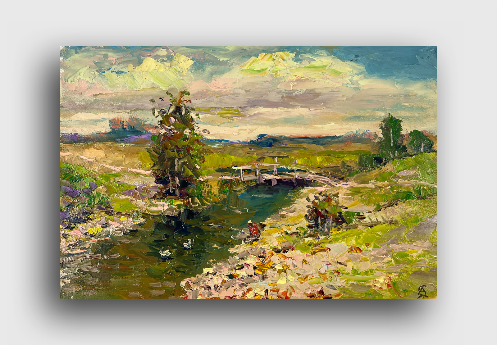 Oil painting Bridge Ukrainian painter canvas Unframed original Decor landscape