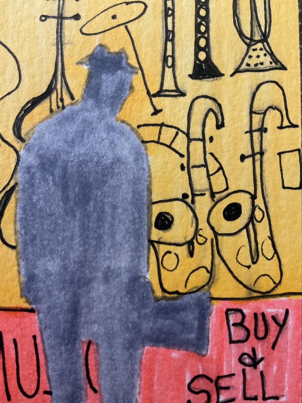 ACEO watercolor art by PJ, art card 2.5 x 3.5: music man.