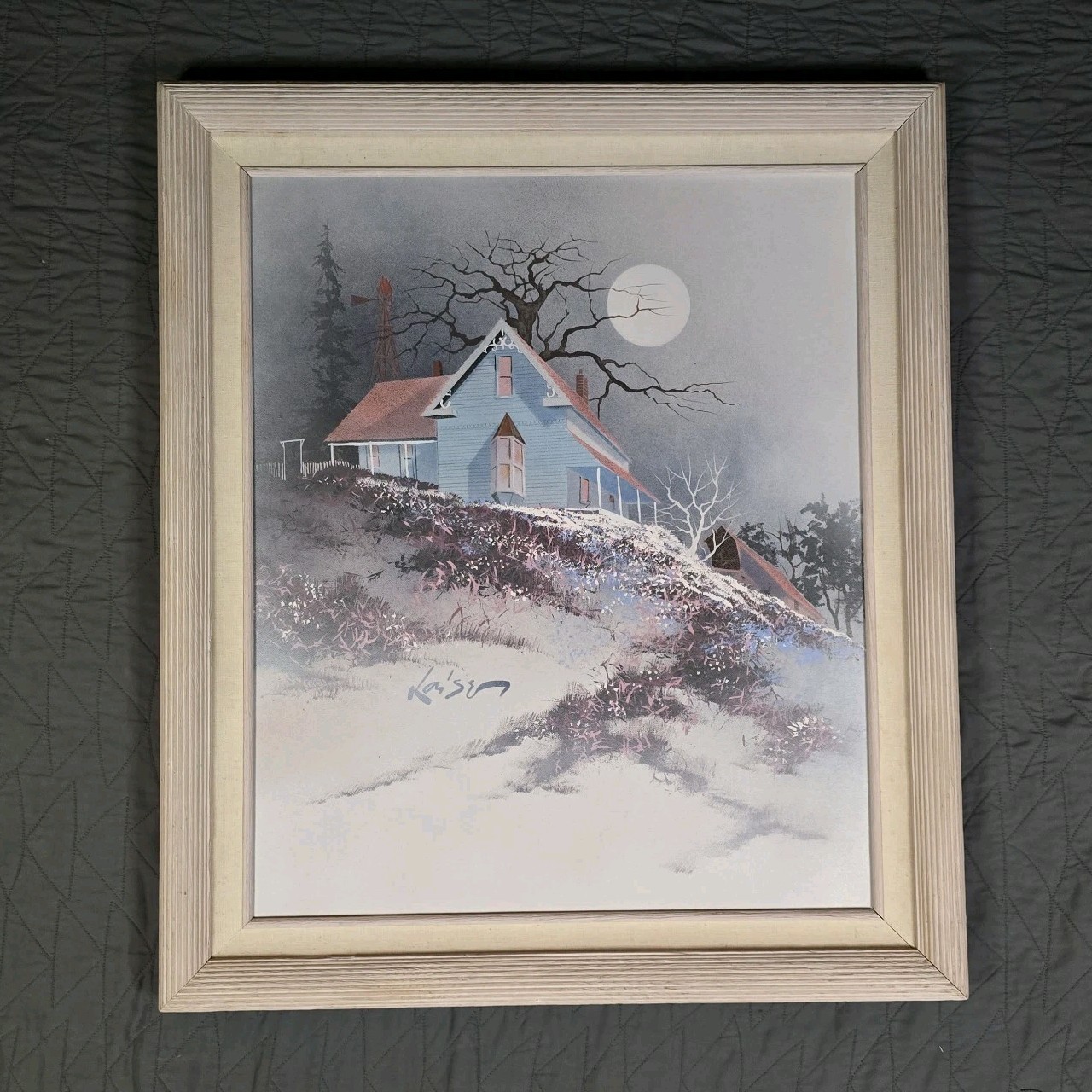 Moonlit Cottage House Painting Framed Acrylic Landscape Vintage Wall Art 25×30