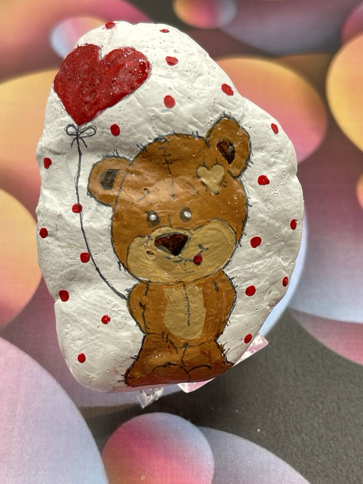 Teddy Bear with Red Heart Balloon, Valentine Decor, Painted Rock, Stone Painting