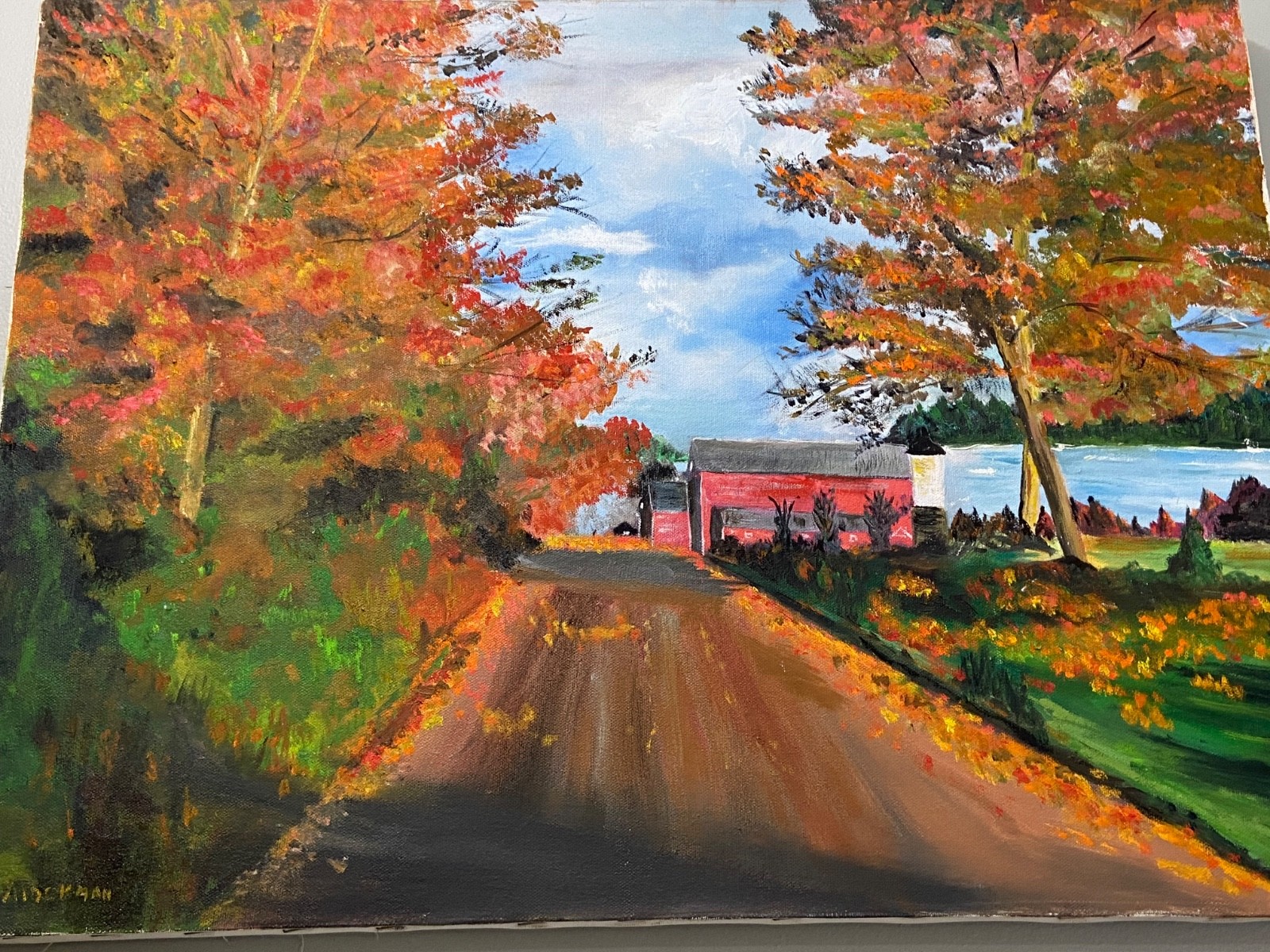 Autumn Scene Oil on Canvas Painting Signed 24”W x 18”H Vibrant, Farm Trees Road