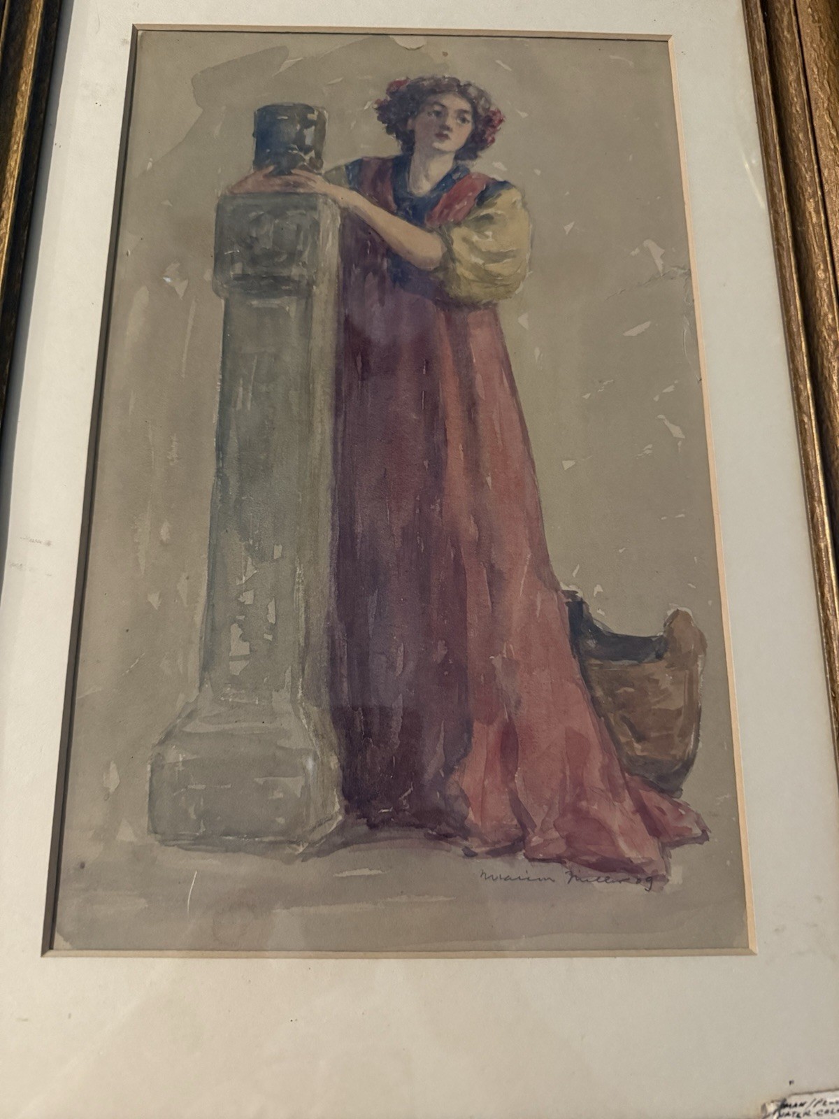 Antique Watercolor Classical Woman Art Nouveau Style Figure Signed Framed