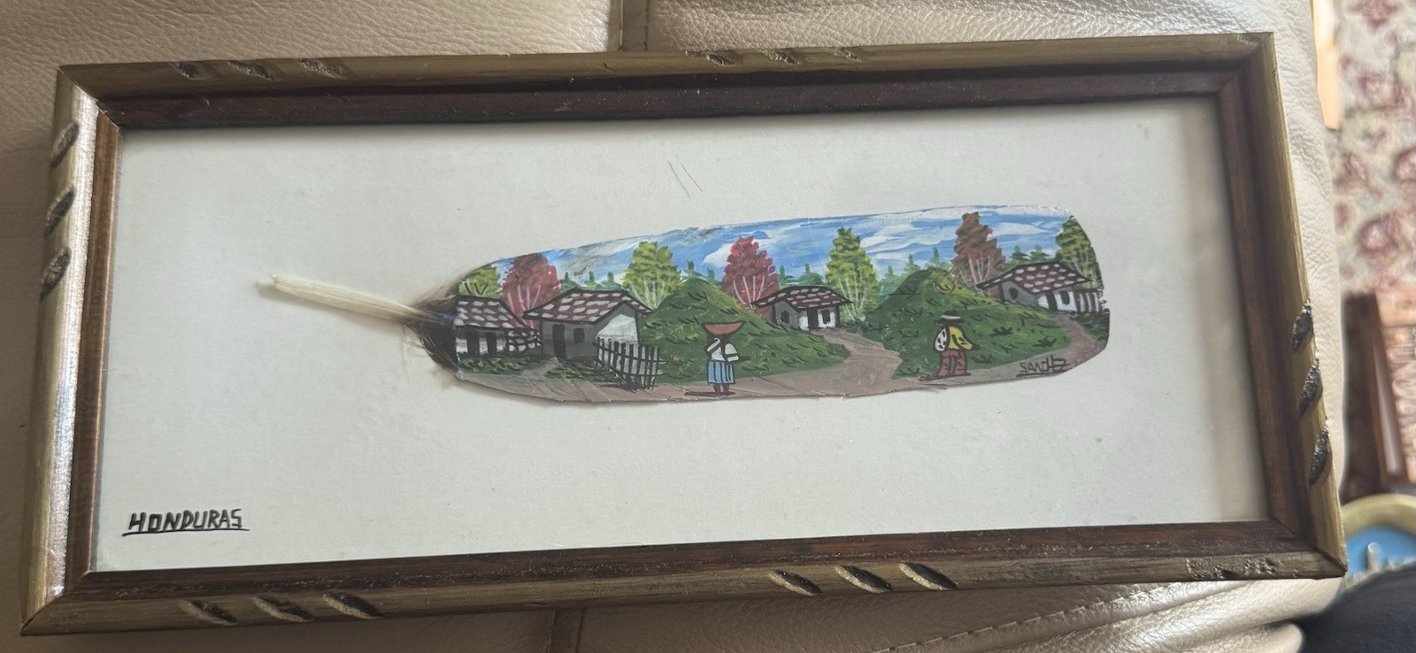 Handpainted & Framed Feather Art Honduras Village Scene Wall Hanger 10.75″ X 5″